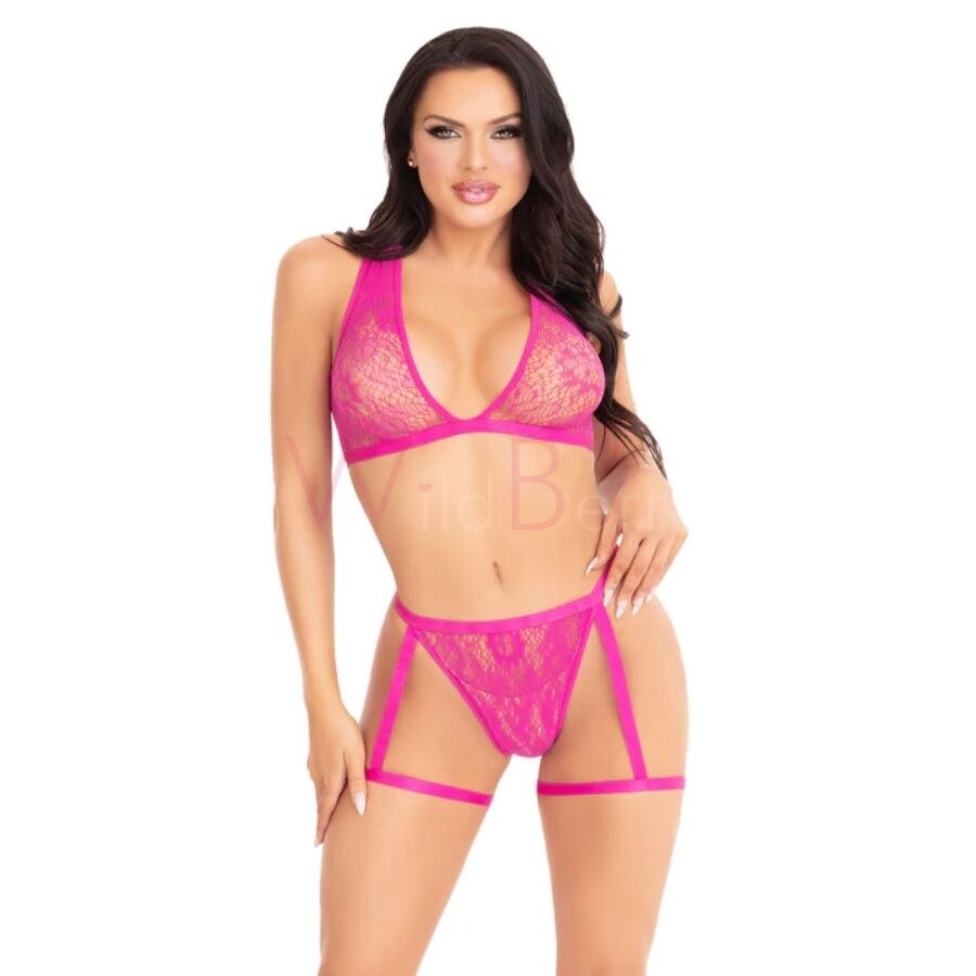LEG AVENUE LACE BRA TOP AND PANTY WITH GARTERS PINK